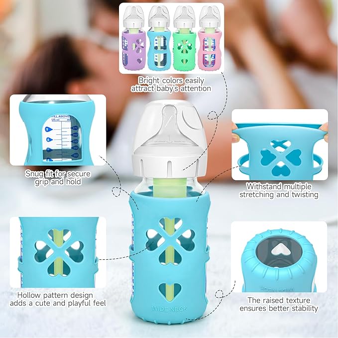 MORLIKE 4 Pack Silicone Sleeves Fit for 9 oz/270 mL Dr. Brown's Wide Neck Glass Baby Bottle, 100% Silicone Covers Protect Baby Glass Bottle, Easy to Grip Bottle Holders for ‎WB93703-WEB ‎WB91700-P4