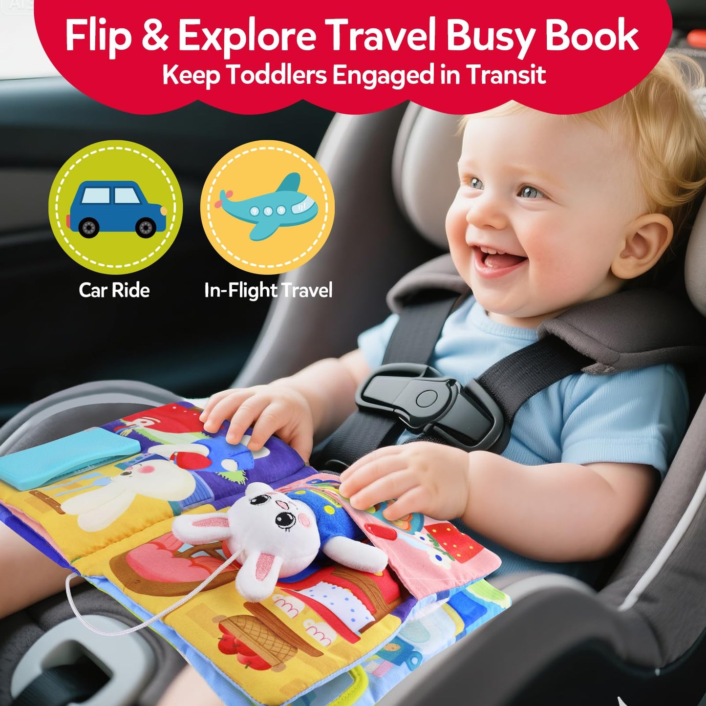 CuteZone Montessori Busy Book for Toddlers 1-3,Busy Board with 12 Sensory Activities & Fine Motor Skills,Travel Toys for Airplane Car,Educational Learning Gift for 1 2 3 Year Old Boys Girls