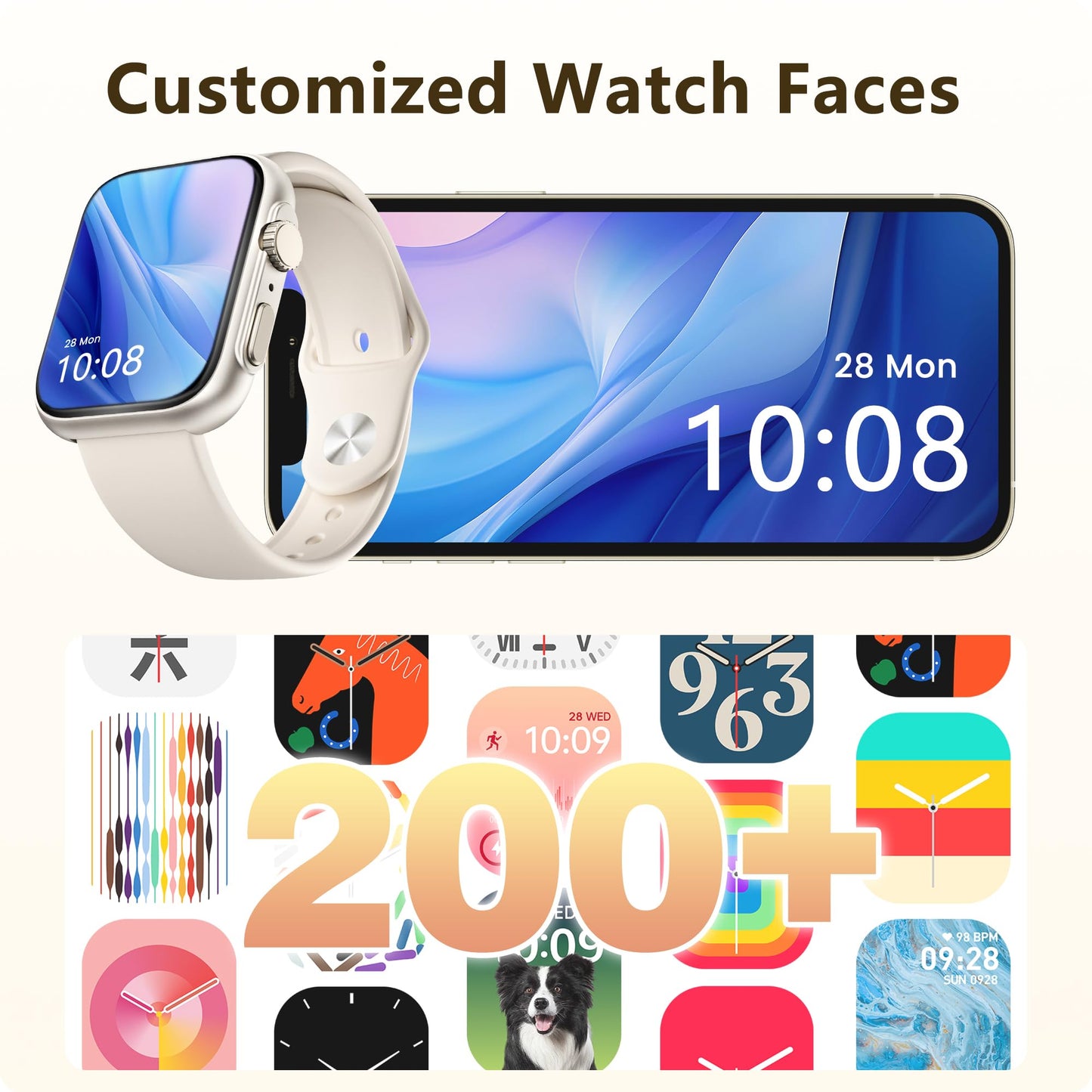 Smart Watch for Men Women, Bluetooth Call, 120+Sports Modes Fitness Tracker, Sleep Tracking, Step & Calorie Counter, IP68 Water Resistant Smartwatchs for Android iPhone, lightweight Casual Beige