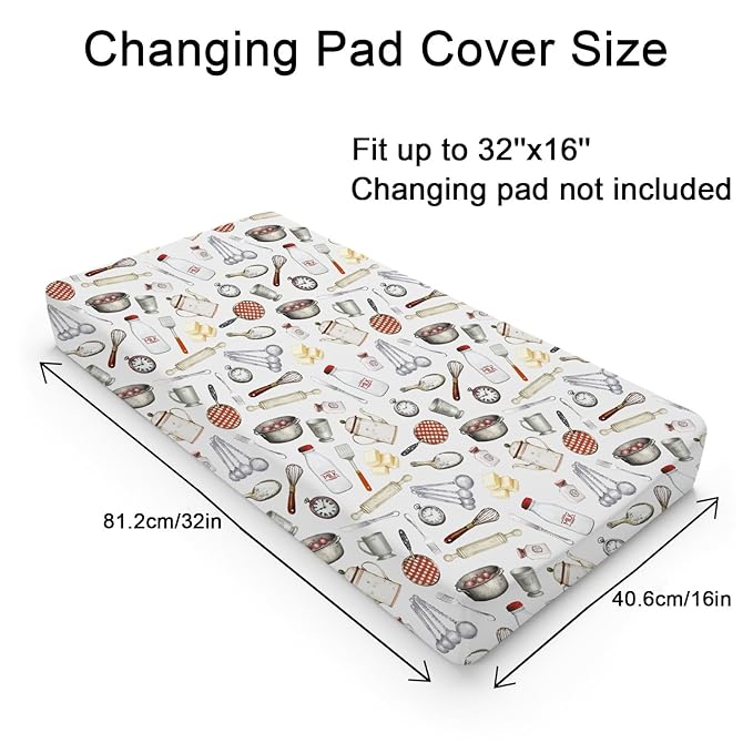 Fun Retro Kitchen Baby Changing Pad Covers for Boy Girl 32''x16'' Kitchen Cooking Baking Tools Fitted Diaper Change Pad Table Sheets Kitchen Love Soft Breathable Nursery Baby Changing Table Mats