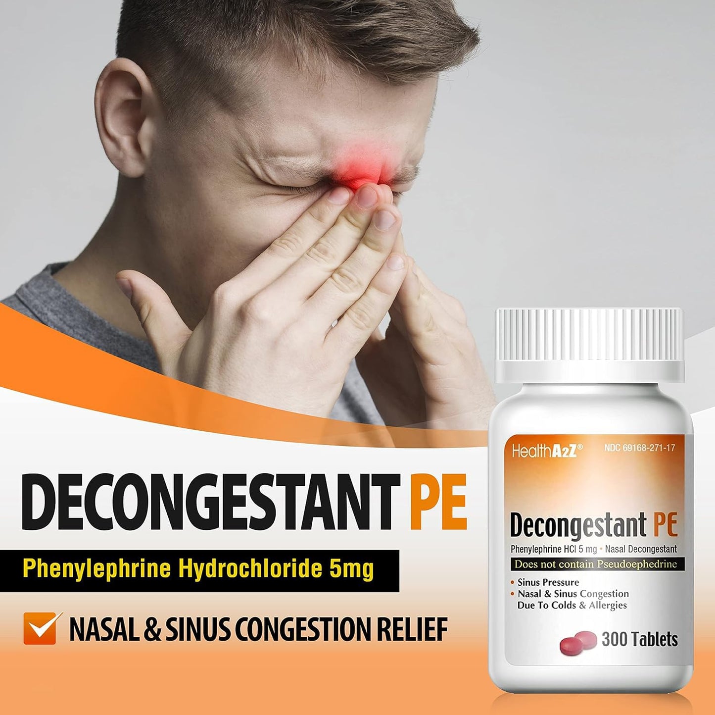 HealthA2Z® Decongestant PE | Phenylephrine HCl 5 mg | Nasal & Sinus Congestion Relief Due to Cold & Allergies (300 Count, 5mg) (Pack of 2)