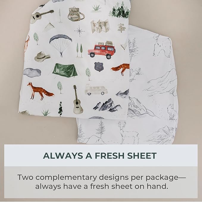 Pobibaby - 2 Pack Premium Pack N Play Sheets Fitted for Standard Pack and Plays and Mini Cribs - Ultra-Soft Cotton Blend, Stylish Woodland Pattern, Safe and Snug for Baby (Explore)