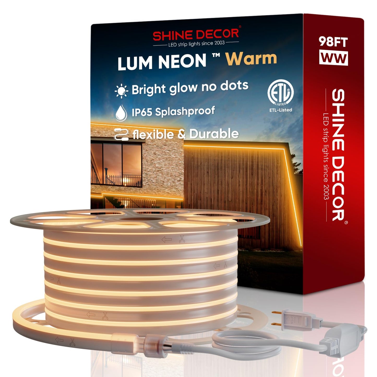 Shine Decor LED Neon Rope Lights, 98.4FT Waterproof SMD2835, 2500K Warm White, Indoor Outdoor Ambiance Lighting, Model 7f4c187b