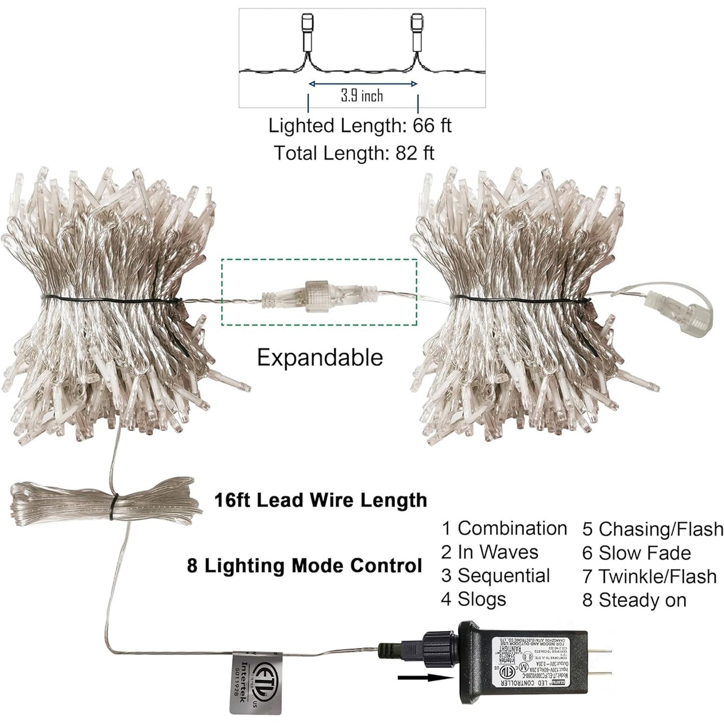 LJLNION 300 LED Christmas Lights, 98.5FT Waterproof String Lights, 8 Modes, Red & White, Indoor/Outdoor Decorations