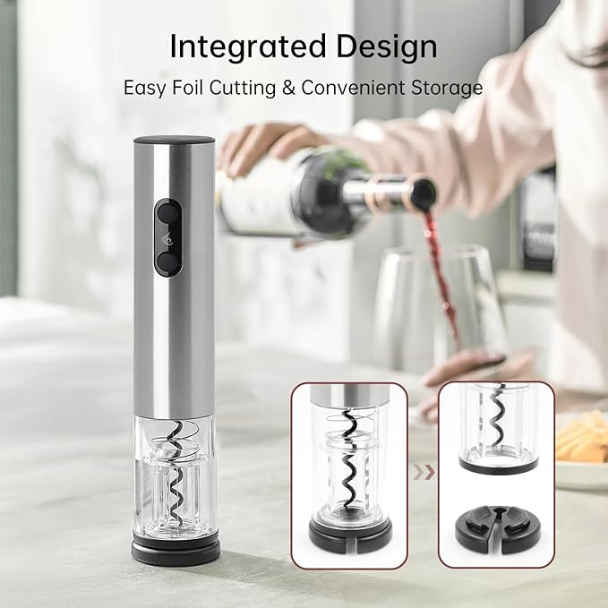 Rechargeable Wine Opener by ELMWAY, Electric Wine Bottle Opener with Foil Cutter, LED Light and Stainless Steel Shell, Cordless Corkscrew & Cork Remover, Gifts for Wine lover- Silver