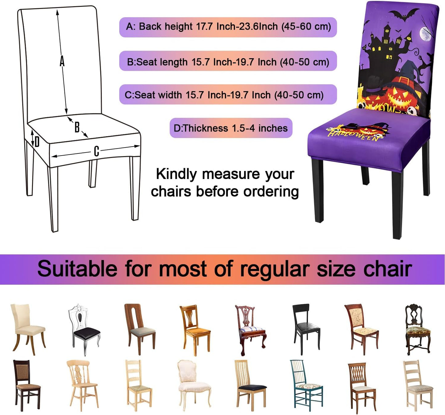 JQinHome Purple Halloween Chair Slipcover, Castle Chair Covers Set of 4, High Stretch Washable Chair Protector Cover for Dining Room, Kitchen,Home Party,Wedding Ceremony(Purple,4PC)
