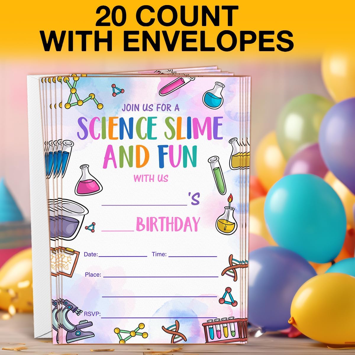 Science Birthday Invitations With Envelopes (20 Count), Science Slime Birthday Party Fill in Invites Cards, Double Sided Design