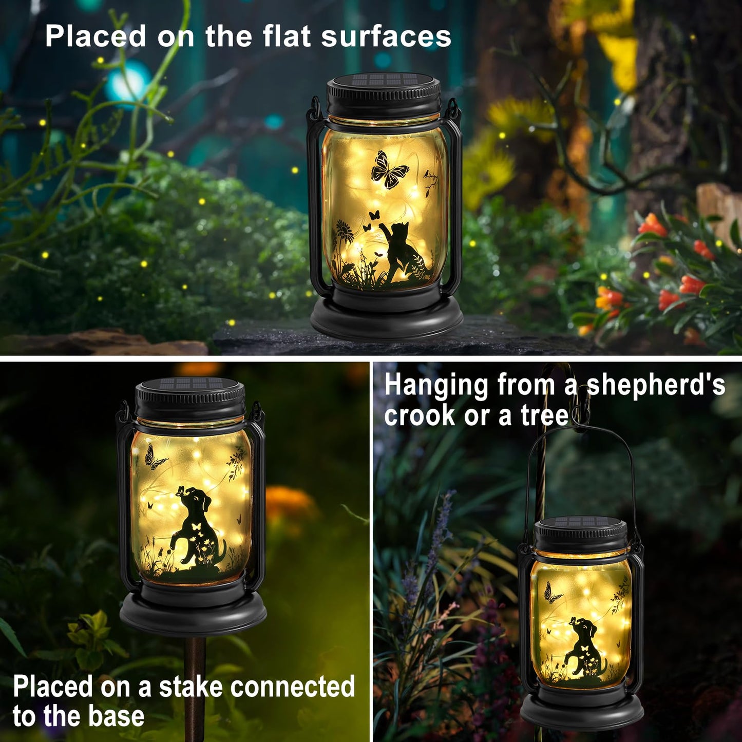 YJFWAL Solar Lanterns for Cats & Butterflies, Waterproof Glass, LED Mason Jar, Brown, Model: Cat fugumeisen-1P