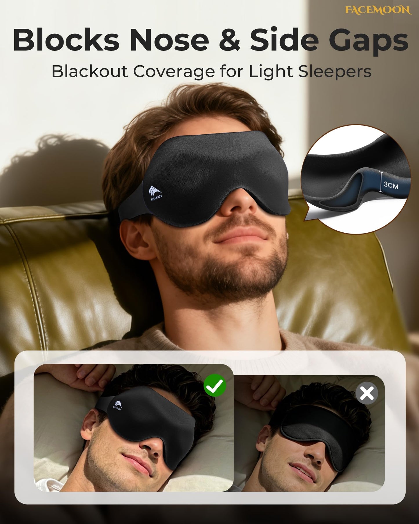 Eye Masks for Sleep Light Blocking: Lightweight 3D Contoured Sleep Mask for Men - Zero Pressure Blindfold Airplane Travel Essentials - Perfect for Night Shift Meditation College Dorm (Black)