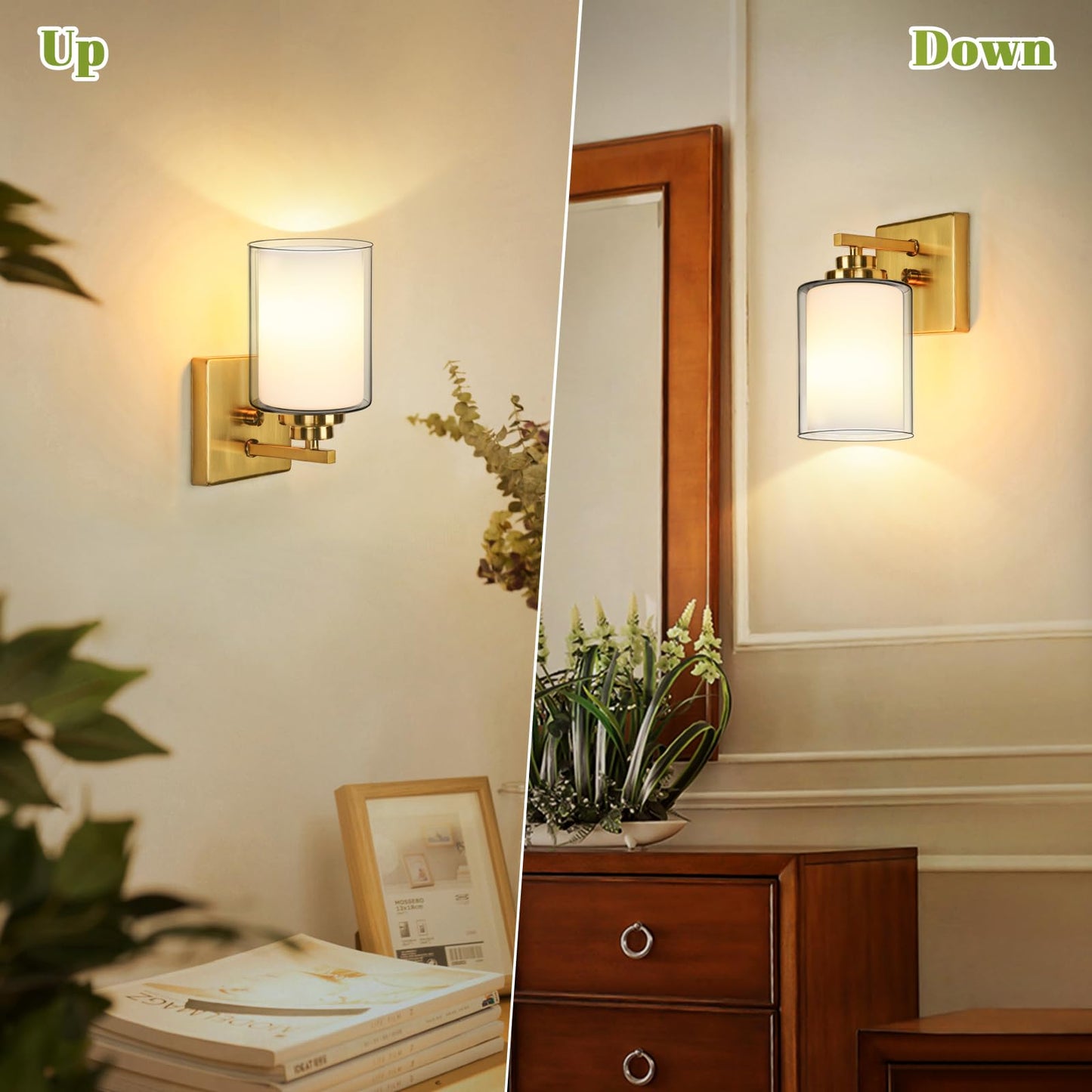 Set Of 2 Wall Sconces For Bathroom  Modern Vanity Light Fixtures  Gold Wall Mount Lighting Lanterns  Farmhouse Wall Lights With Double Clear Glass Shade For Bedroom Living Room Mirror Hallway
