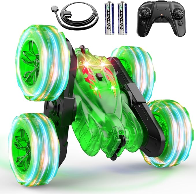 Remote Control Car-Rechargeable Fast Direct Charging RC Cars For Kids with Colorful Light,Double-Sided 360° Rotating Stunt 4WD RC Truck Car Toys for Ages 5-7 Gift for Boys Girls Aged 8-12 Green