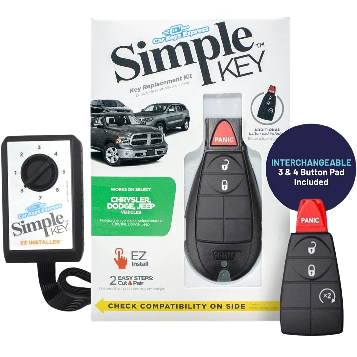 Simple Key, Key Fob And Key Programmer With Interchangeable 3 & 4 Button Keypads Compatible For Select Chrysler, Dodge, Jeep, Ra