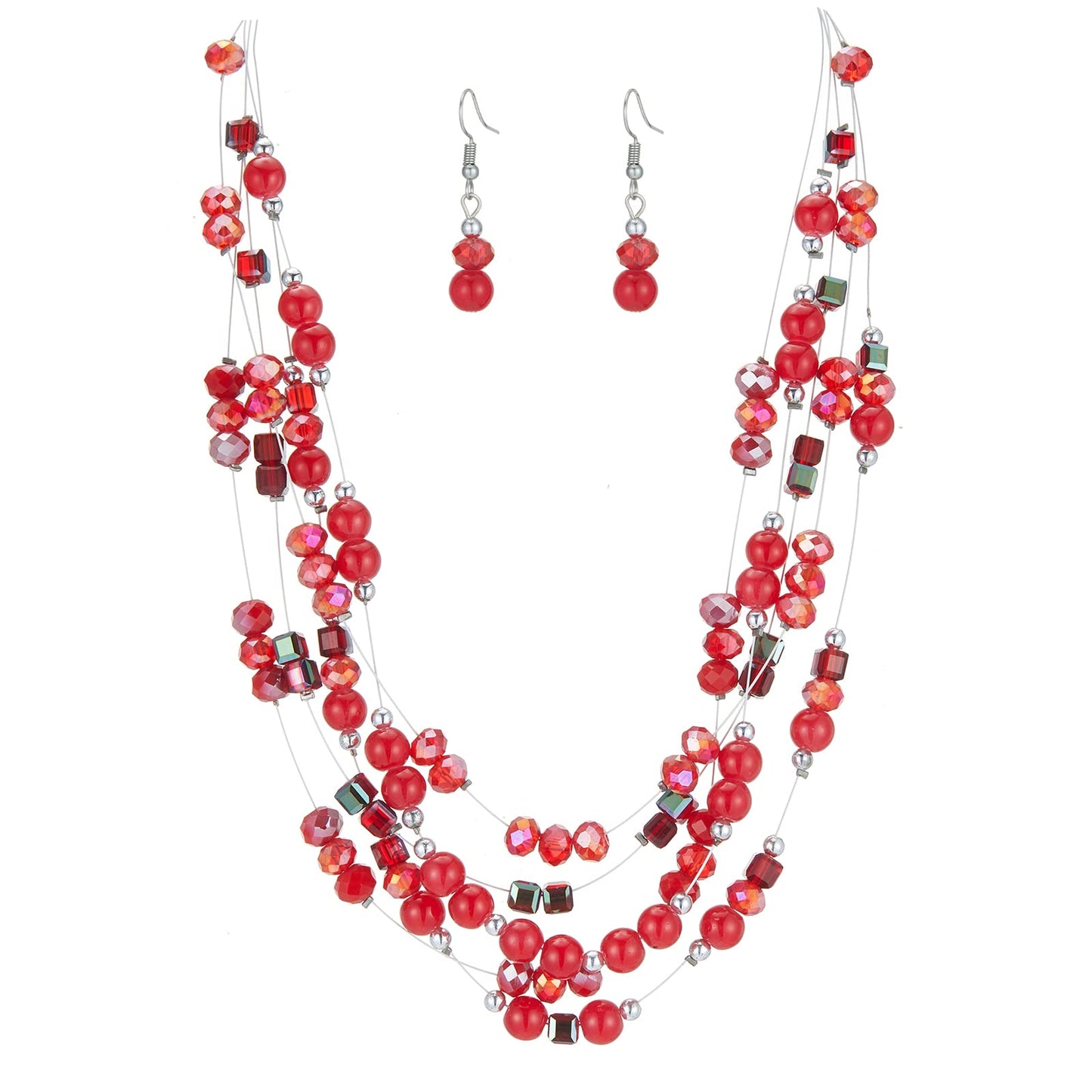 Layered Chunky Statement Necklace for Women Colorful Boho Beaded Necklaces and Earring Set Fashion Costume Jewelry for Women(Red