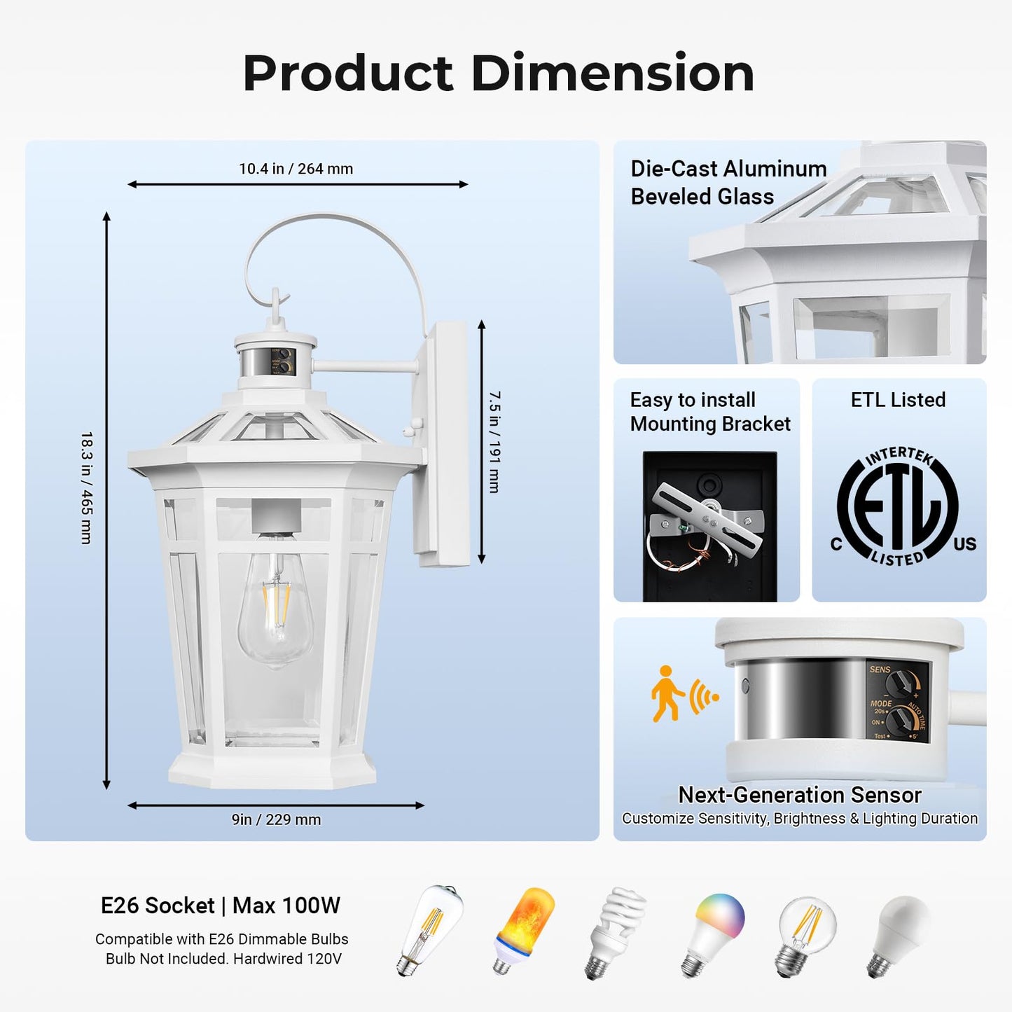 Vianis Motion Sensor Outdoor Light Fixtures Wall Mount  Large Aluminum Dusk To Dawn Outdoor Wall Lantern  White Waterproof Porch Lighting  Modern Exterior Lighting Fixtures For Patio  House