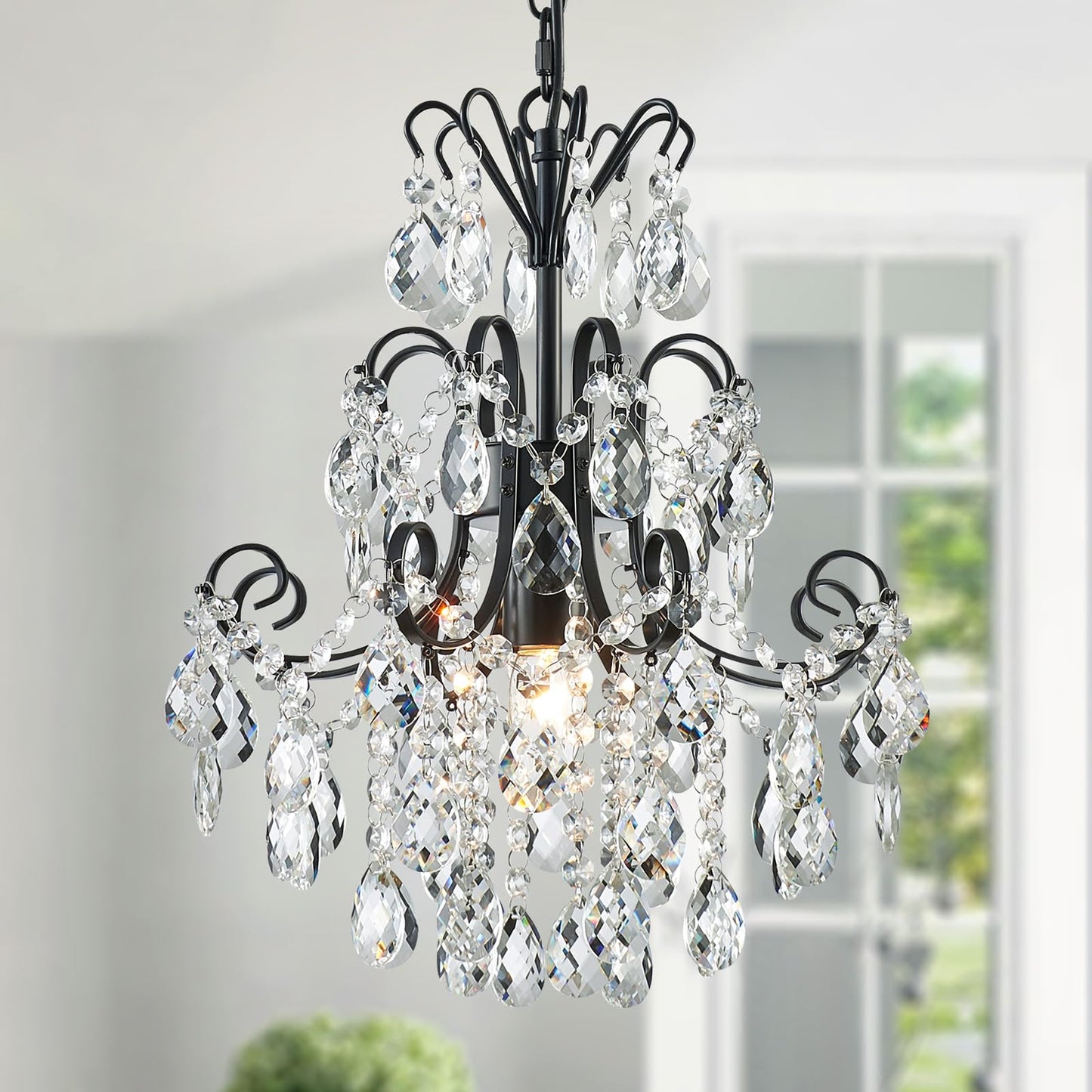 WUZUPS Crystal Chandelier Pendant Light, 15.7in High x 13.8in Wide, E12 Base, Metal, Black, Model USHD-5511502BK