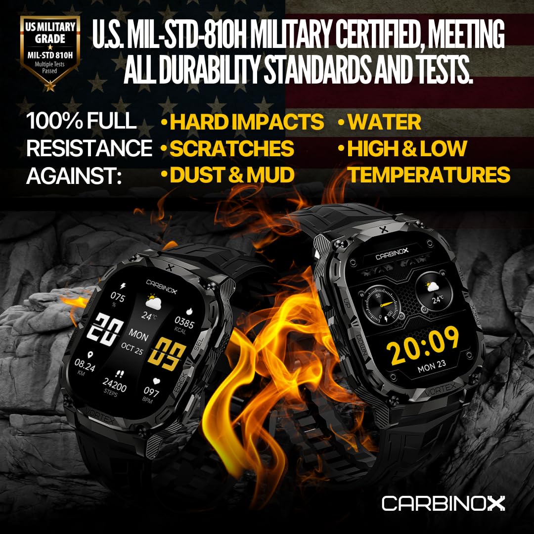 CARBINOX Vortex Smart Watch with with 6 Pack Bands 22 mm, Rugged Fitness Tracker IP69K Waterproof Compatible with Android and iOS Phone, 14 Days of Battery Military Durable