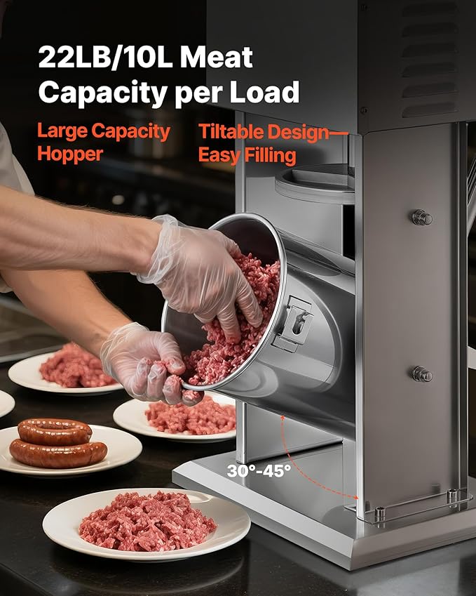 VEVOR Electric Sausage Stuffer, 22 LBS / 10 L Vertical Meat Stuffer, Stepless Speed Control and Foot Pedal, Stainless Steel Heavy Duty Sausage Filler with 4 Stuffing Tubes, for Commercial & Home Use