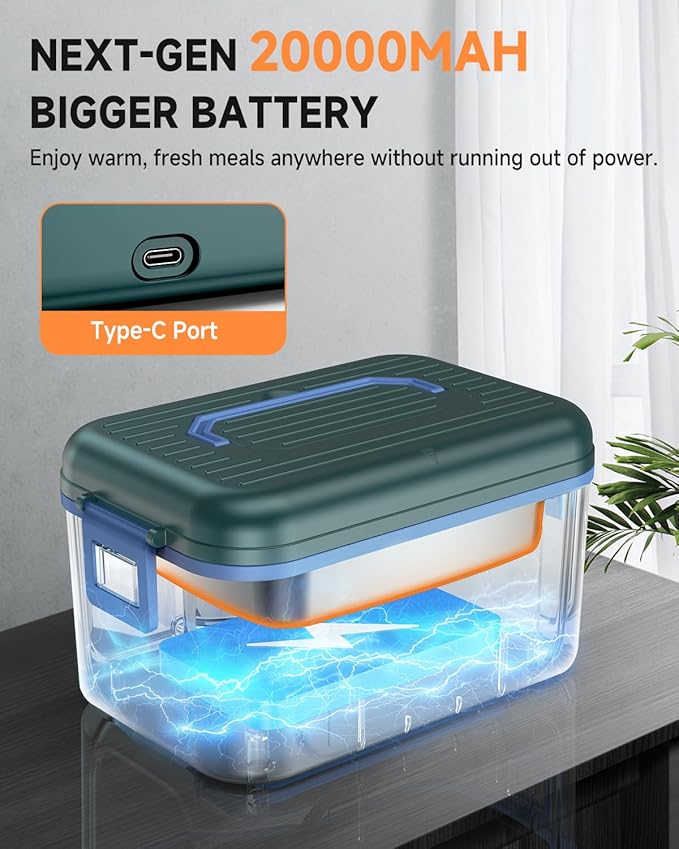 GEARGO 𝟐𝟎𝟐𝟔 𝐔𝐩𝐠𝐫𝐚𝐝𝐞𝐝 Cordless Electric Lunch Box, 6.3 Cups & 20000mAh Rechargeable Heated Lunch Box with Ice Crystal Box, 24 Hours Scheduled Self Heating Lunchbox For Men Women