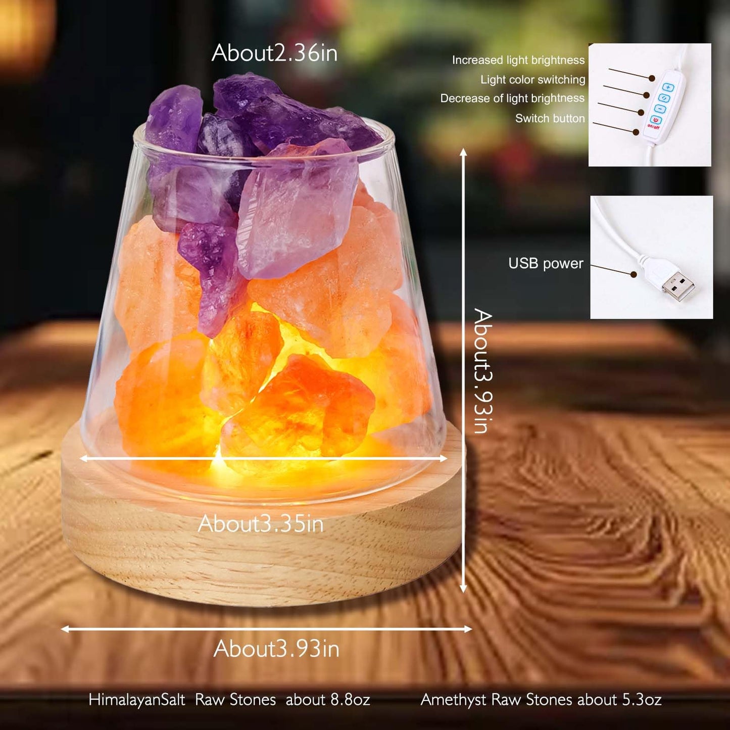 Runyangshi Healing Crystal Night Light Natural Himalayan Salt & Amethyst Raw Stones Aroma Diffuser Usb Powered 3 Colour Adjustable Bedside Lamp For Bedroom Living Room Yoga Meditation Home Decor Gift