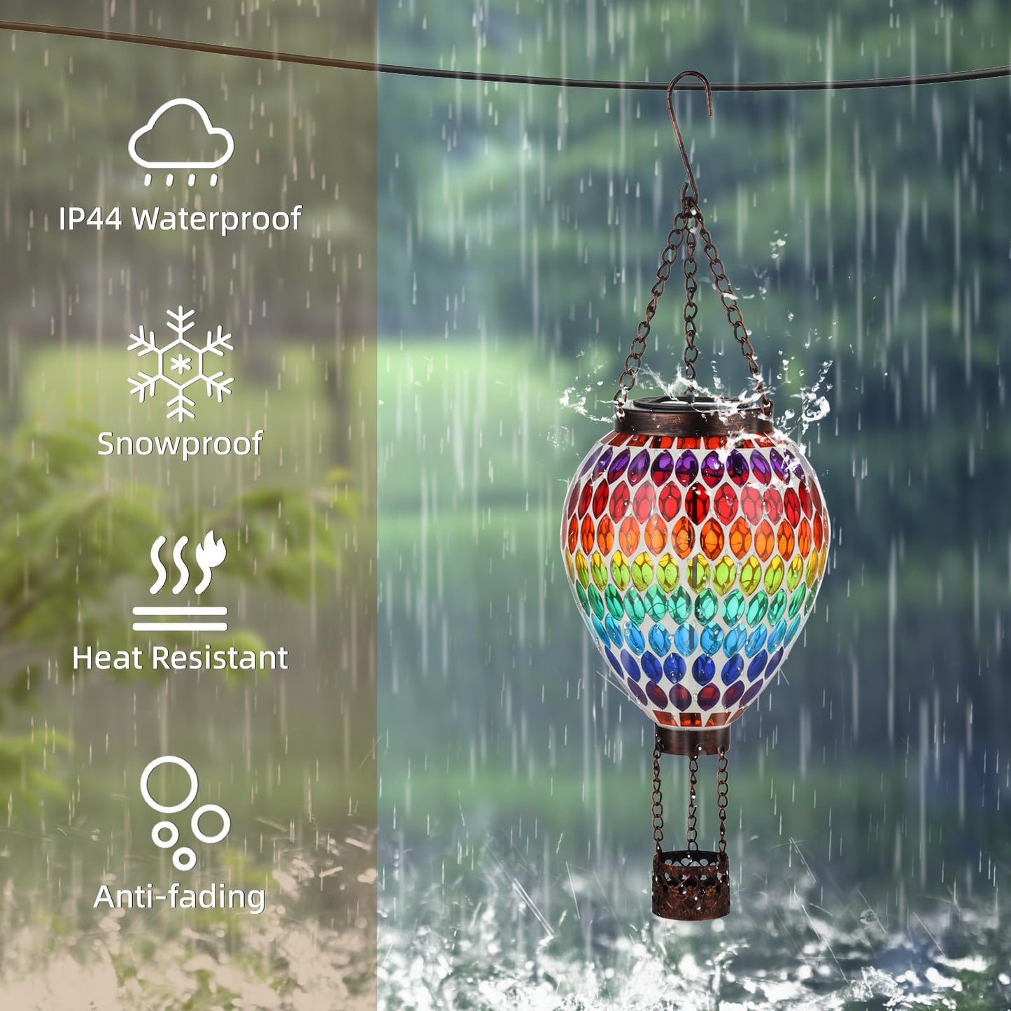 Voreen Hot Air Balloon Solar Lantern  Handmade Mosaic Solar Outdoor Hanging Wind Light  Waterproof  Patio Festive Decor  Gift For Mom Wife Friend  Rainbow Pattern