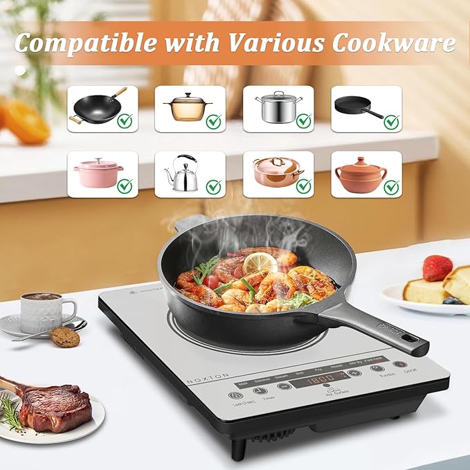 Noxton Portable Electric Stove 110V, 1800W Single Burner Electric Cooktop, Countertop Burner Electri Hot Plate, 4 Hour Timer, 9 Power Level, Child Safety Lock, Compatible with All Cookware(Grey)