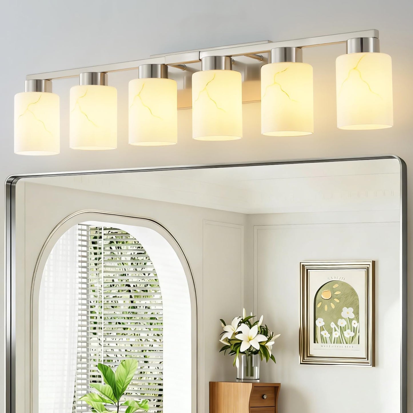 Mieloxiy 6-Light Bathroom Light Fixtures, Modern Vanity Lights, Brushed Nickel Metal Wall Lamp with White Marble Glass for Bathroom, Mirror, Living Room, Bedroom, Cabinet, Porch, Hallway, E26 Base