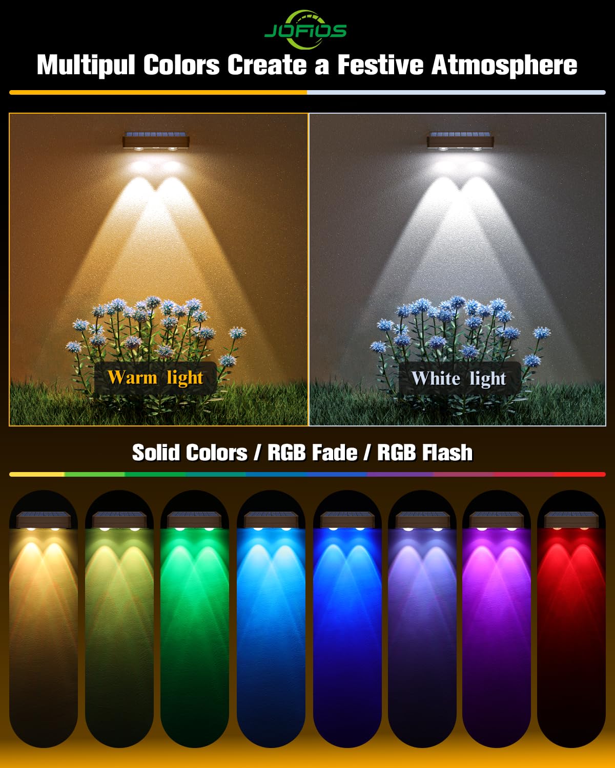 JOFIOS Solar Fence Lights 12 Pack, 50 Lumens, RGB Color Glow, Waterproof IP65, Brown, Model WL15