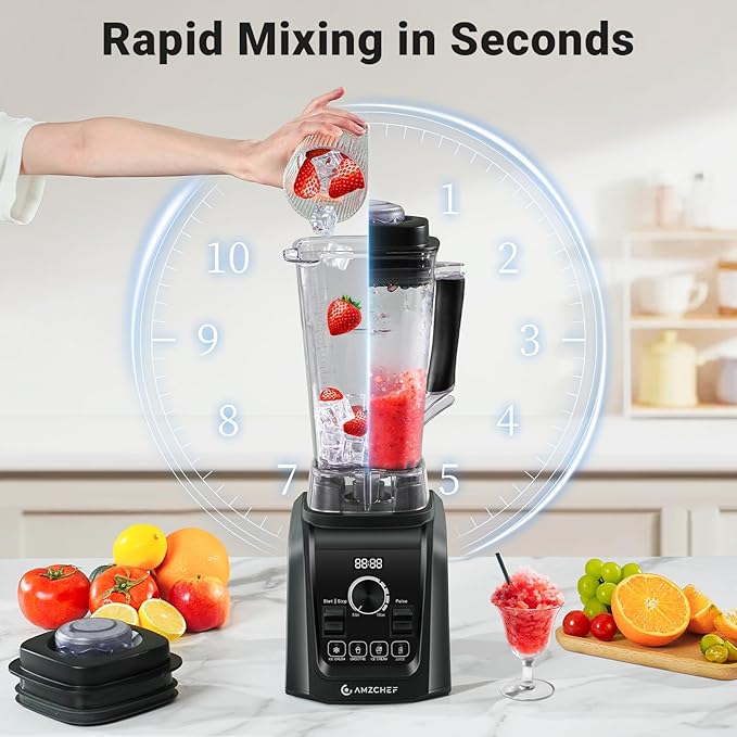 AMZCHEF Professional Blenders for Kitchen, 1800 W Smoothie Blender with Infinitely Variable Speed and 5 Functions, 68 oz Blender for Smoothies, Puree, Ice Crush, Ice Cream, Soup, Juice, Black