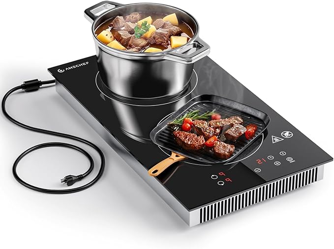 AMZCHEF Induction Cooktop 2 Burners, 12 Inch Bulit-in & Countertop Induction Stove with Plug 110V-120V, 9 Power Levels Electric Stove 1800W, Child Lock, Timer, Touch Control for Fast Cooking