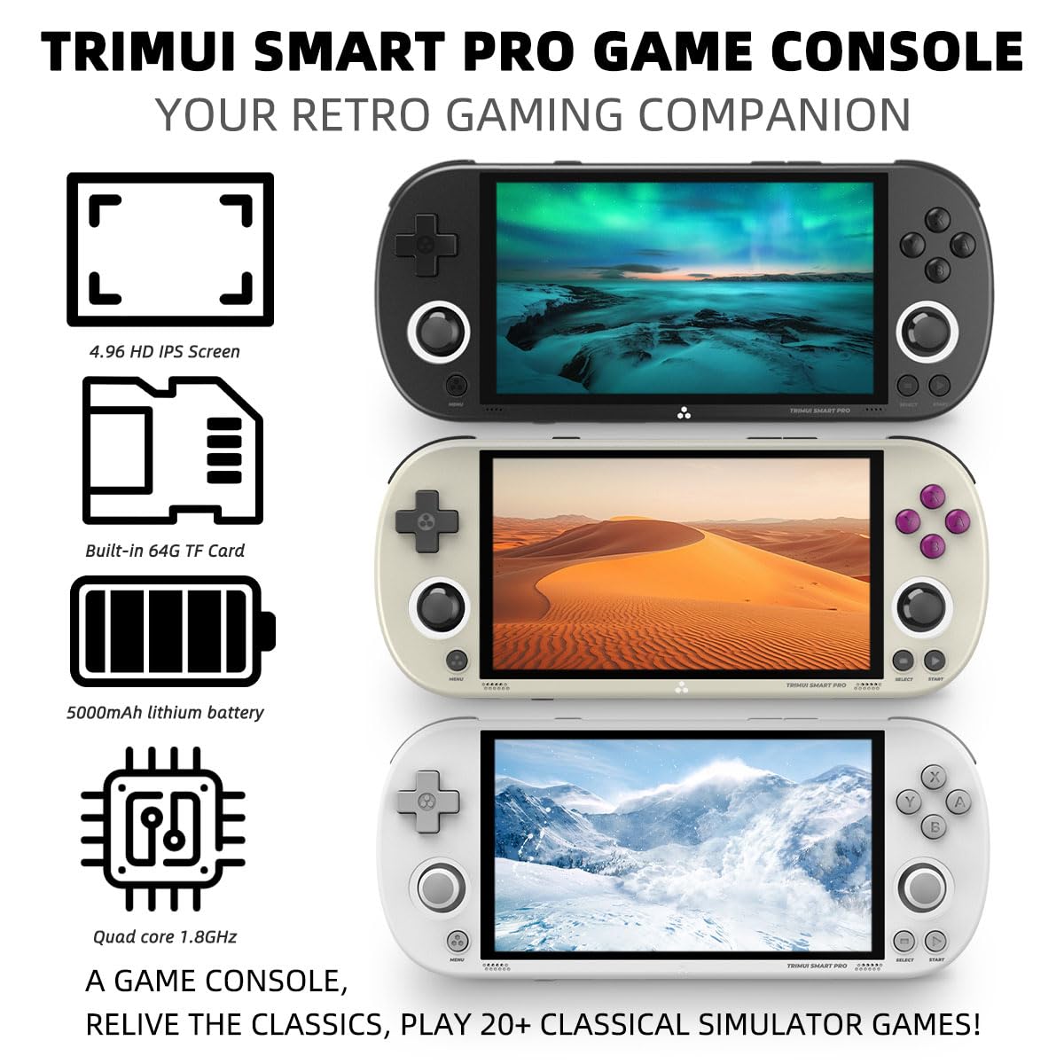 Trimui Smart Pro Game Console 4.96-Inches 720x1280 IPS Screen Built-in 64G TF Card Video Gaming Consoles 5000mAh Lithium Battery Supports Multiple Simulators Casual Game Console-Gray