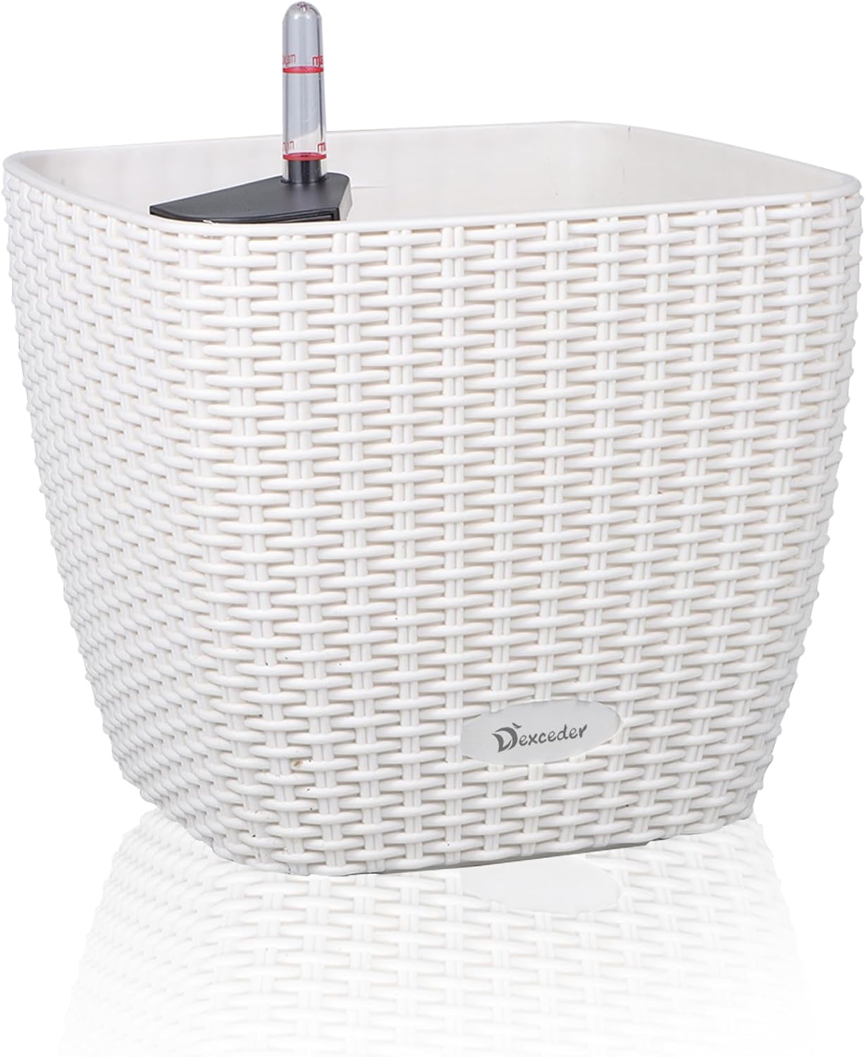 Dexceder 9x8 Self Watering Planter Indoor Outdoor, Inner Mat Design, Thickened Table Flower Plant Pot with Water Level Indicator (Ivory White Rattan)