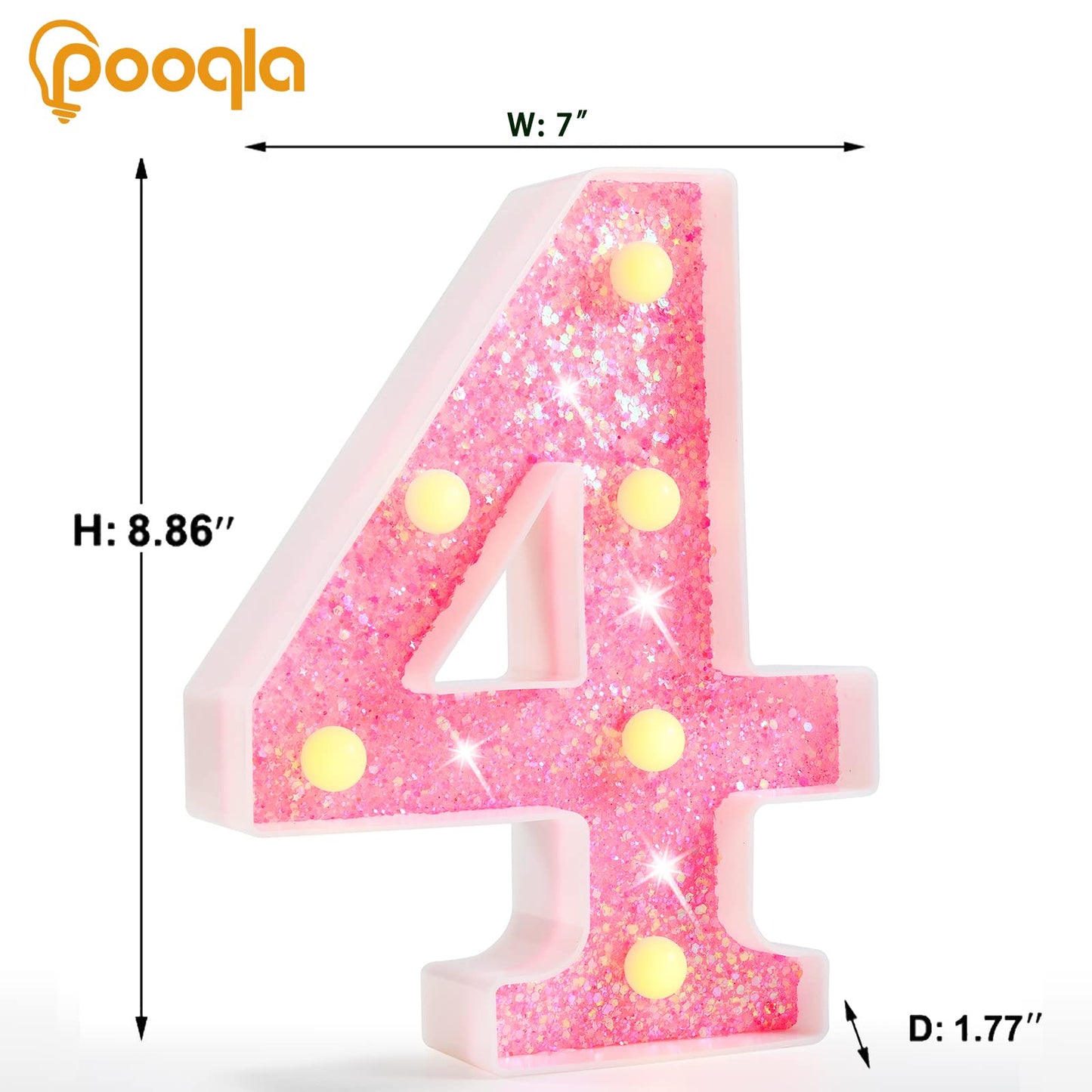 Pooqla Marquee Number Light - Battery Powered Pink Number 4 for Birthday, Wedding, Home Bar Decoration
