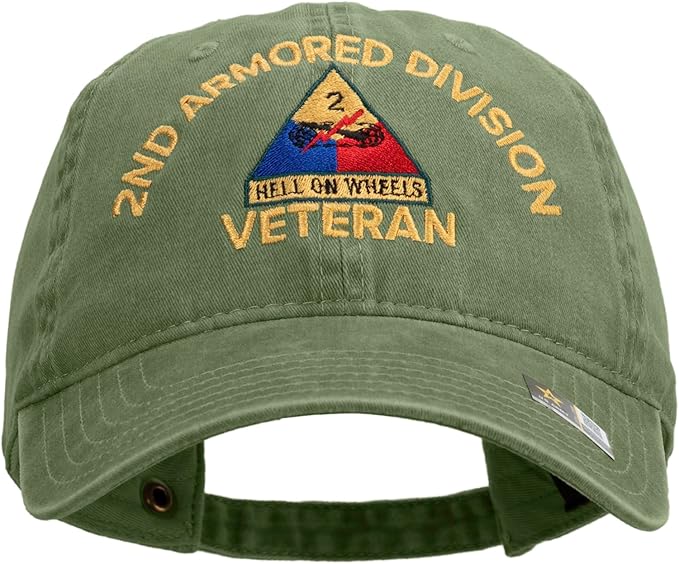 U.S. Army 2nd Armored Division Embroidered Washed Solid Pigment Dyed Cotton Twill Brass Buckle Cap