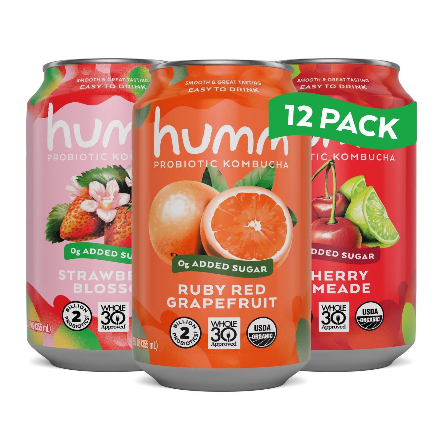 Humm Whole30 Approved Kombucha Variety Pack, Strawberry Blossom, Cherry Limeade, Ruby Red Grapefruit, Organic, Vegan & GMO Free