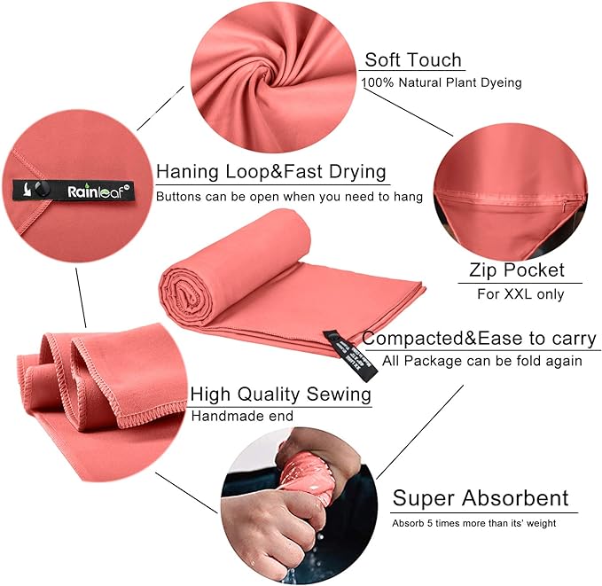 Rainleaf Microfiber Towel Perfect Travel & Gym & Camping Towel. Quick Dry - Super Absorbent - Ultra Compact - Lightweight. Suitable for Trip, Beach, Shower, Backpacking, Pool
