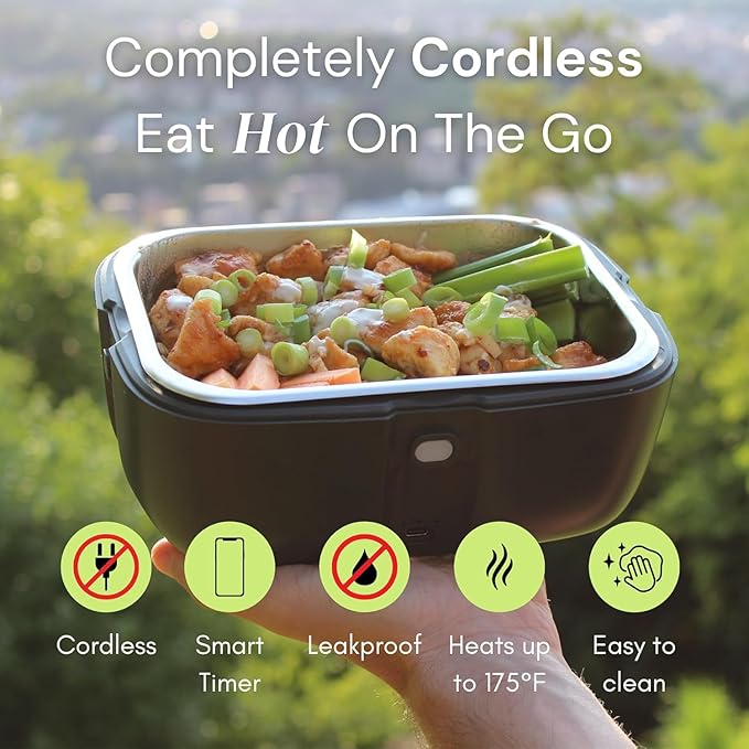 HeatsBox Go Cordless Electric Lunch Box 100W | Rechargeable Self Heating Container | App Control | 3.9 cups Battery Operated Food Warmer for Adults | Car, Truck, Office, Travel | 5V,12V,24V,110V