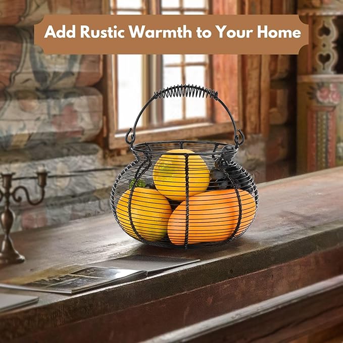 Flexzion Round Wire Basket - Chicken Egg Holder & Fruit/Vegetable Basket, Black, Rustic Farmhouse Style with Handle