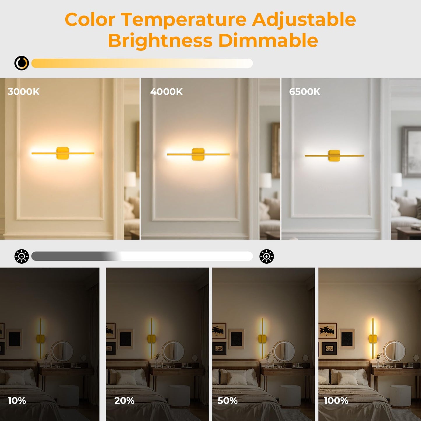 GvvooHome Battery Operated Wall Sconces Set of 2, 360° Rotate, Dimmable, Rechargeable, 28in Gold, Model HCP042