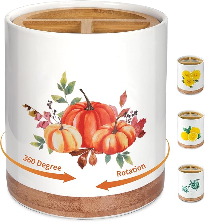 HAPPY KIT 7.6″ Utensil Holder Autumn Decor - 360° Rotating Utensil Holder Pumpkin Decor for Kitchen Counter with 3 Removable Compartment, Housewarming Gift & Farmhouse Decor