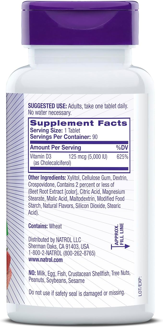 Natrol Vitamin D3 Fast Dissolve Tablets, Dietary Supplement, Bone & Joint Health, Support Your Immune Health, 5000 IU, 90 Count (Pack of 12)