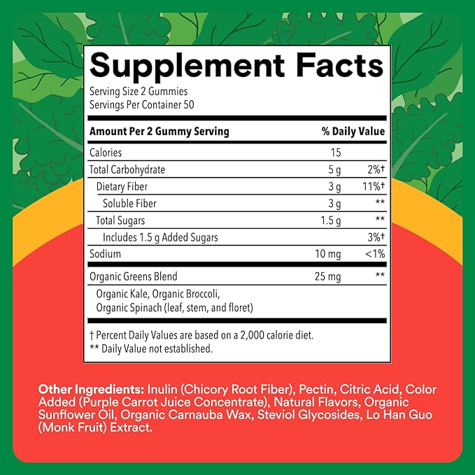 SmartyPants Kids Fiber & Veggies: Prebiotic Fiber Gummies for Kids, Fiber Supplement with Inulin, Organic Green Veggie Blend, Vegan, Gluten Free, Mixed Berry Flavor, 60 Count (30 Day Supply)