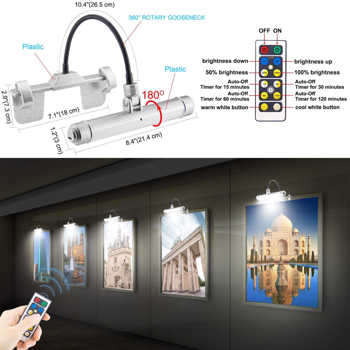 BIGMONAT USB Rechargeable Art Light - Wireless LED, Remote Control, Dimmable, 8.4 inch, Silver, Model B600-Silver