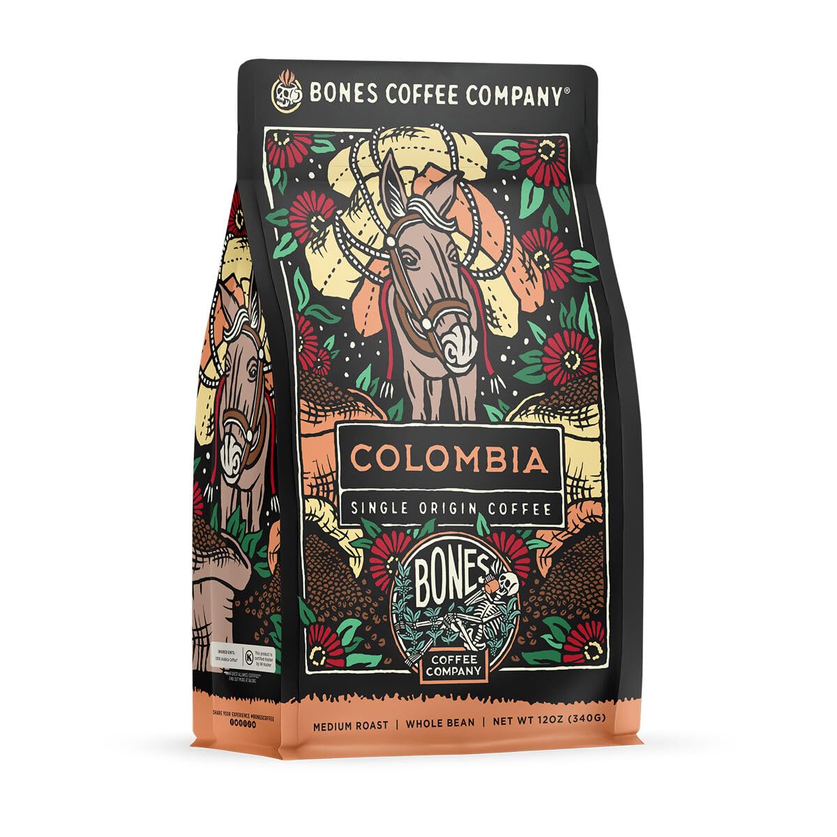 Bones Coffee Company Colombia Single-Origin Coffee, Almonds, Dried Fruit, Vanilla Notes, Flavored Whole Bean Coffee, Medium Roas