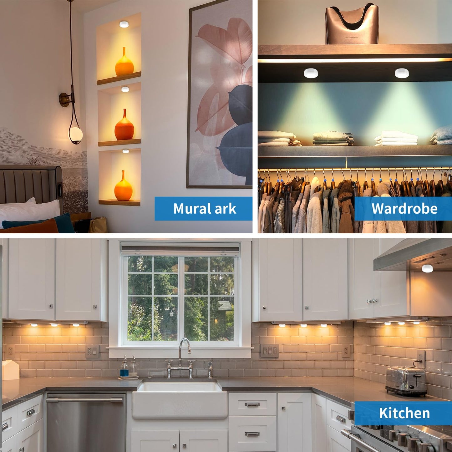 LEASTYLE Puck Lights with Remote, Battery Operated, Dimmable Timer, 3000K, White, 3 Pack, Model 009