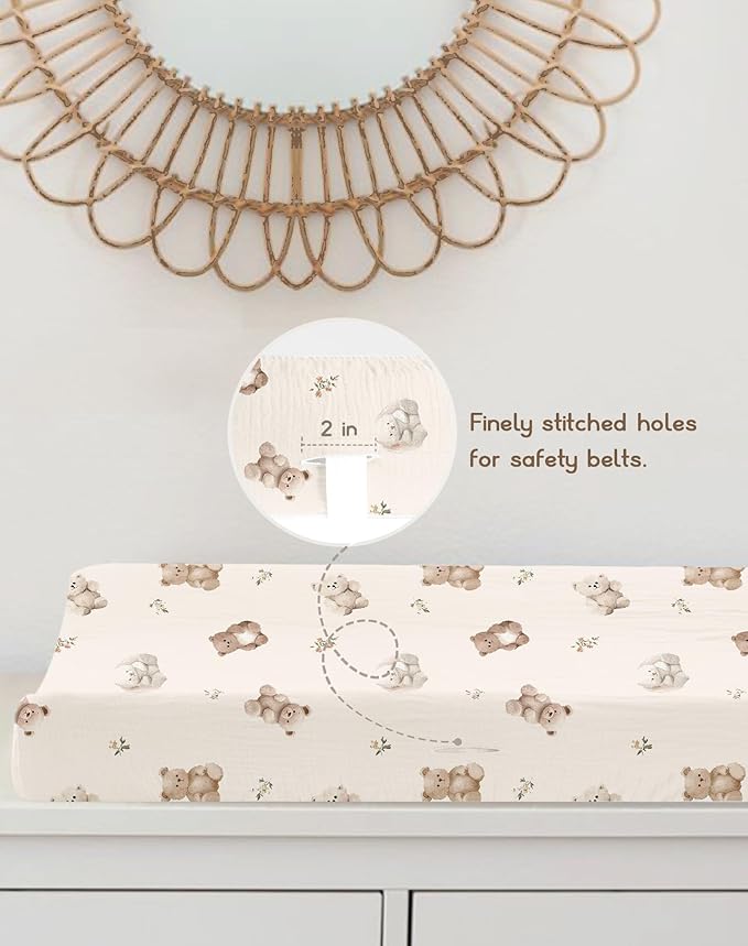 Changing Pad Cover for Baby Boy Girl 2 Pack, Muslin Changing Table Pad Covers with Boho Style, Neutral Nursery Bedding Essentials Soft and Breathable (Teddy & Friends)