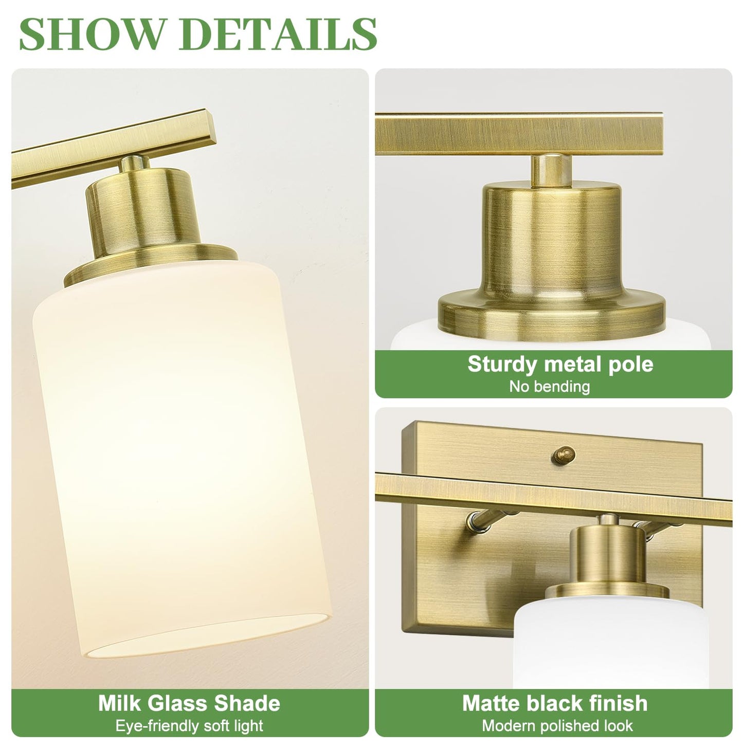 3-Light Bathroom Light Fixtures  Brass Vanity Light With Milky White Shades  Bathroom Lighting Fixtures Over Mirror  Modern Bathroom Wall Lamp For Mirror Living Room Cabinet Bedroom