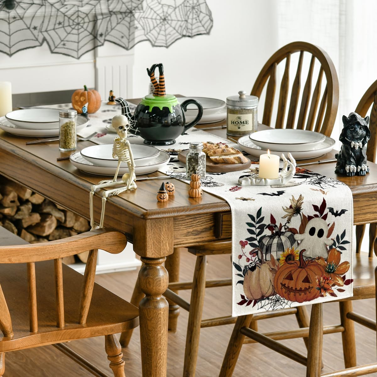 Artoid Mode Pumpkin Ghost Leaves Spider Web 210 GSM Halloween Table Runner, Spooky Kitchen Dining Table Decoration for Home Party Decor 13x36 Inch