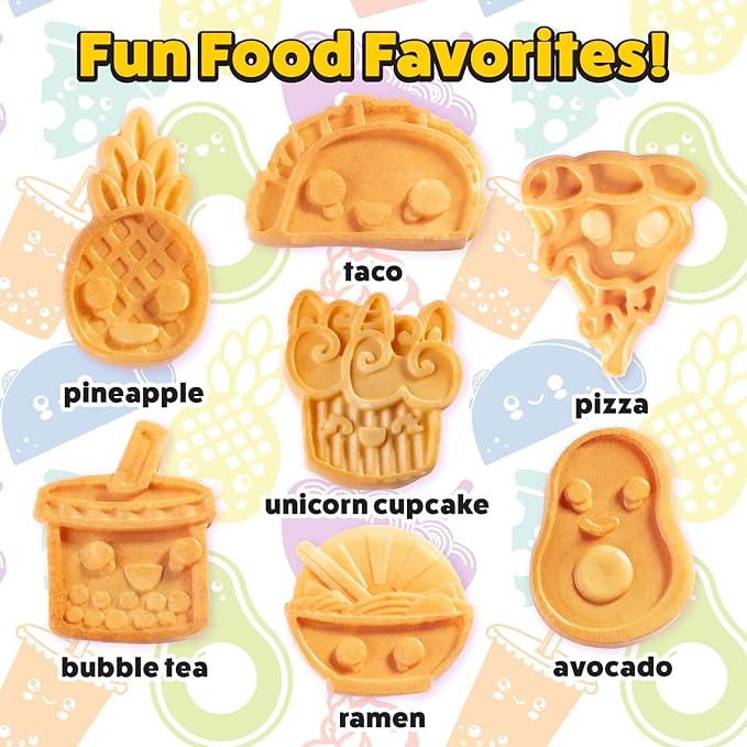 Fun Food Friends Mini Waffle Maker- 7 Different Kawaii Style Design Pan Cakes Feat. Avocado Pizza Ramen Taco & More- Cool Electric Nonstick Waffler Iron, Morning Breakfast w Recipes - Kids Xmas Gift