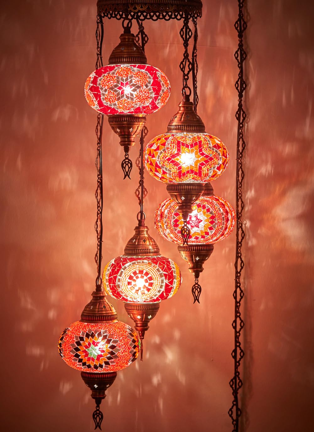 DEMMEX 7in  Moroccan Mosaic Plug-in Chandelier, Bohemian Pendant Light, 15-ft Cord, Glass, Rustic Charm, Model Swag5-
