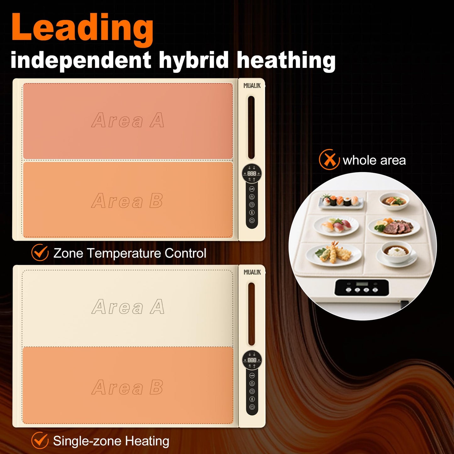 MUALIK Warming Mats for Food Countertop, Roll-UP 2 Pack Fast Heating Tray Silicone with 7 Level Temperature, 2 Zone and 3 Pad Parallel Expandable, Automatic On-Off Timer Setting (beige-2 pcs, wcb2)